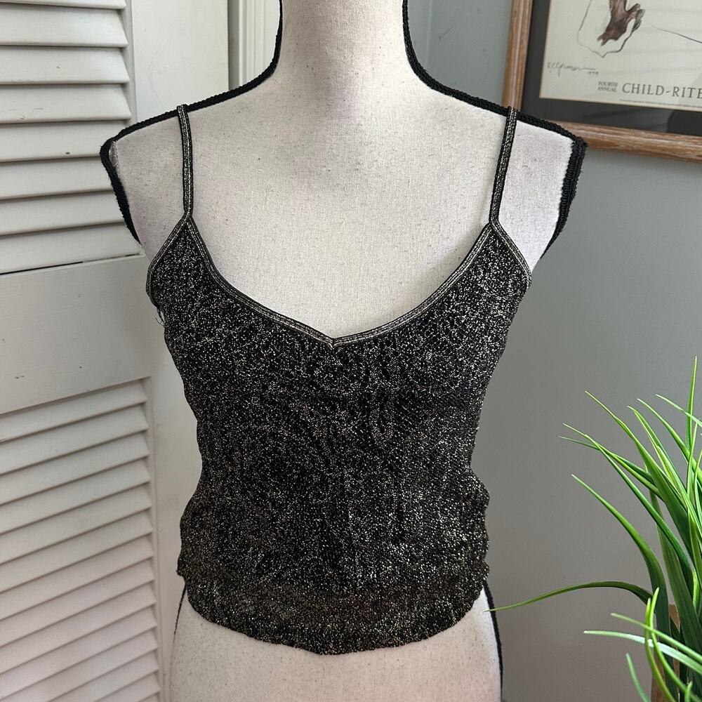 Vintage White Moon Top Womens Large Black Gold Metallic Strappy Y2K Indie Sleaze